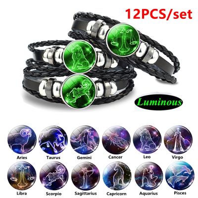 12 Pcs Conslation Bracelet Set Luminous Zodiac Braided Leather Bracelet Glow In The Dark Snap Button Bracelet