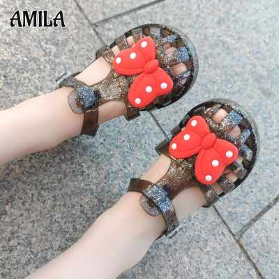 AMILA รองเท้าแตะติดโบว์การ์ตูนสำหรับเด็กผู้หญิง,รองเท้าแตะติดโบว์การ์ตูนรองเท้ารองเท้าแตะเจลลี่แฟชั่นใหม่สำหรับฤดูร้อนนุ่มสบาย
