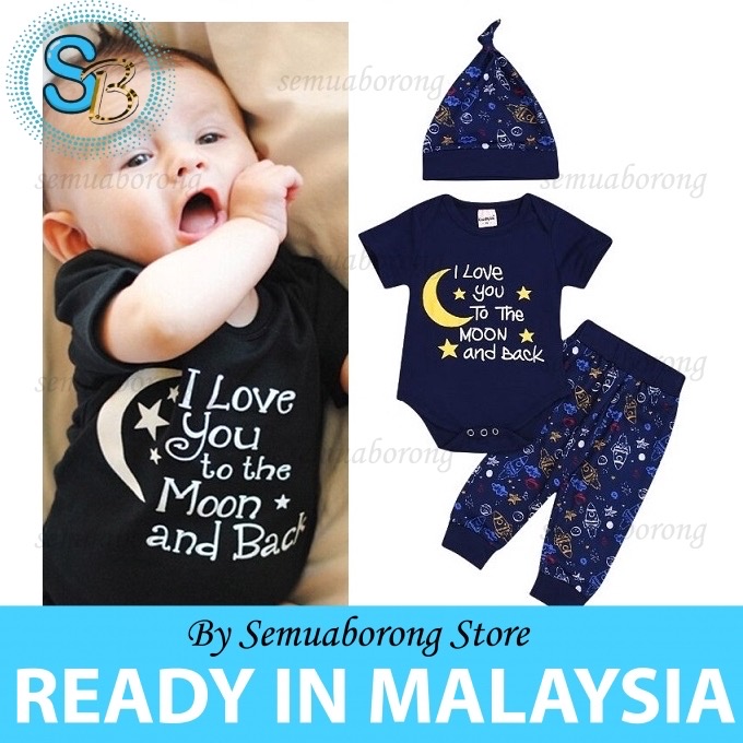 Baby Boys 3PCS Outfit Set Space Ship to The Moon and Back Romper Long Pants with Hat 