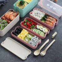 ✾❄ 1100ML Grids 3 Layers Lunch Box Fresh Bowl Tableware With Spoon Fork Microwave Insulation Wheat Straw Container Bento Lunch Box