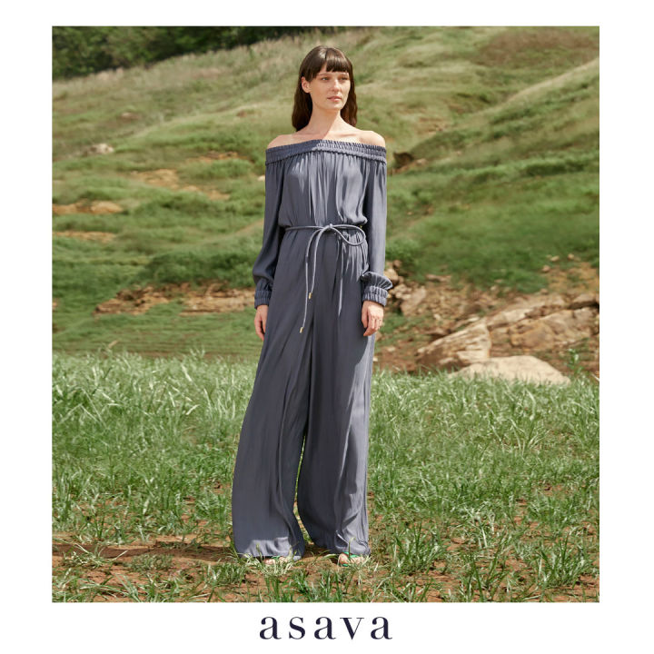 asava-aw21-rachel-off-the-shoulder-jumpsuit-จั้มสูทผู้หญิง-เปิดไหล่-แขนยาว-แต่งเชือกผูกเอว