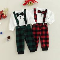 Citgeett Autumn Christmas Infant Baby Boy Pants Suit Long Sleeve Bow Shirt + Plaid Print Suspender Trousers Clothes