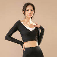 Lulus new yoga top womens ribbed tight-fitting and slimming cross exposed navel long-sleeved T-shirt MZ-02