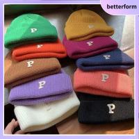 BETTERFORM P-Letter หมวกถักขนแกะที่อบอุ่น ฤดูหนาวที่อบอุ่น ไหมพรมขนสัตว์เส้นด้าย หมวกถักรัดแขน แฟชั่นสำหรับผู้หญิง หมวกถักหมวก สำหรับผู้ชาย