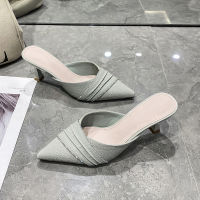 2023 New Summer High-heeled Shoes Net Red Baotou Women‘s Wear Pointed Toe Thin Heels All-match Solid Color Half Slippers Women