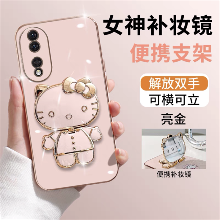 phone-case-เคส-honor90-honor-90-lite-5g-เคสลายการ์ตูนน่ารักเฮลโลคิตตี้ลูกอมชุบพร้อมกระจกแต่งหน้าพกพาได้ฝาครอบแบบนิ่มที่วางโทรศัพท์2023