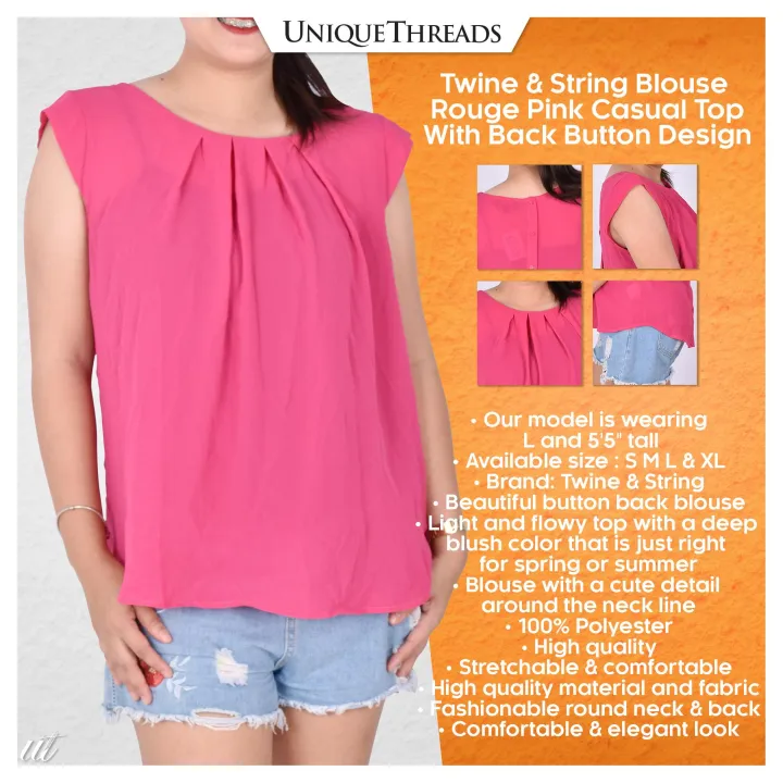 Twine & String Blouse Rouge Pink Casual Chiffon Top With Back Button