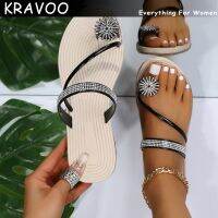 KRAVOO รองเท้าส้นตึกสำหรับผู้หญิง,รองเท้าแตะประดับพลอยเทียมขนาดพลัสไซส์รองเท้าแตะพื้นรองเท้าเดินชายหาดสำหรับต่างหูแฟชั่นสตรี