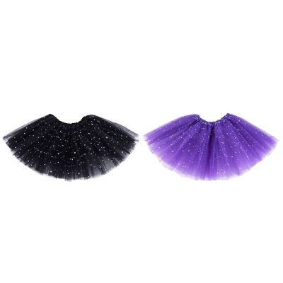 2PCS Smart Baby Girl Clothes Stars Sequins Petticoat Ballet Dance Fluffy Tutu Skirt Purple & Black
