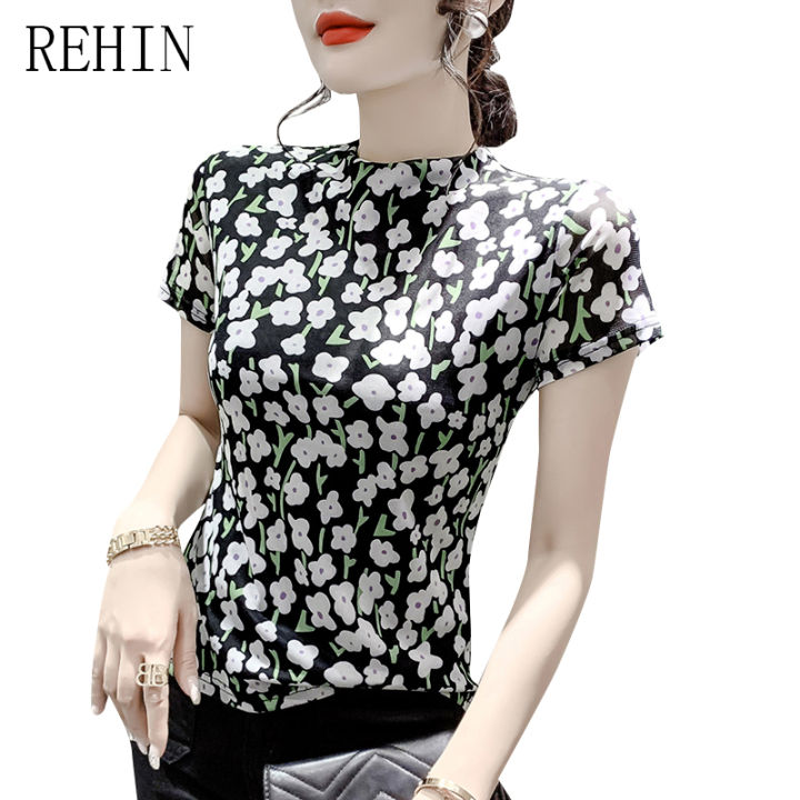 rehin-เสื้อยืดแขนสั้นพิมพ์ลายผู้หญิง-เสื้อยืดสตรีแฟชั่นเข้ารูปสไตล์ยุโรป2023ฤดูร้อน