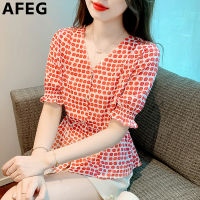 AFEG เสื้อผู้หญิงแขนสั้นผ้าชีฟองลายจุด,แฟชั่นคอวีสำหรับฉบับภาษาเกาหลี