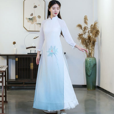 Aodai เซนเสื้อผ้าชาสไตล์ที่ดีขึ้นรสสูทชาศิลปะเสื้อผ้าโบราณเครื่องแต่งกายการทำสมาธิเสื้อผ้าเซนสตรีชุด Cheongsam