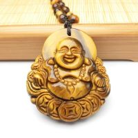 ZZOOI Natural Tiger Eye Stone Jade Money Buddha Pendant Necklace Fashion Jewelry Carved Amulet Luck Gifts for Women Men Sweater Chain