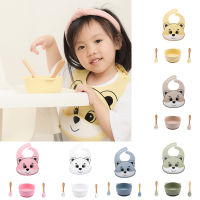 4 Pcsset Silicone Baby Feeding Bowl Tableware Sets Cute Bear Waterproof Dinner Plate Wood Fork Spoon Non-Slip for Babies Bib