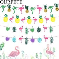 Flamingo Party Decoration Happy Birthday Banner Flag Garland Hawaiian Luau Party Tropical Coconut Leaves Event Party Supplies Banners Streamers Confet