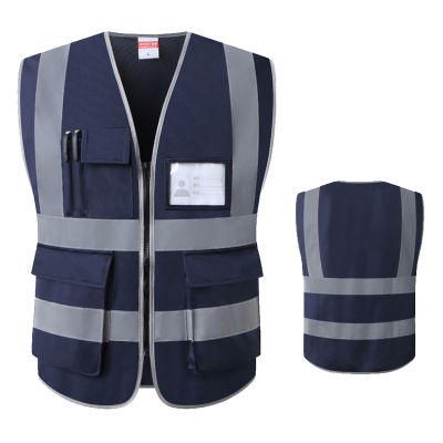 กระเป๋าเสื้อกั๊กสะท้อนแสงสีน้ำเงินห้าแถบสีน้ำเงินพร้อมทัศนวิสัยพร้อมตัวป้องกันความปลอดภัยสูง