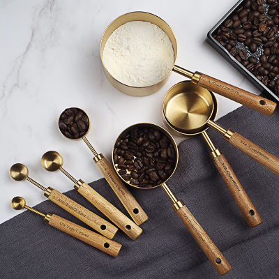 Wooden Handle Coffee Spoon Kitchen Baking Tools Stainless Steel Measuring Spoon Measuring Cup Bartending Graduated Spoon