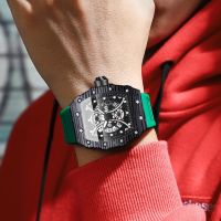 Jam Tangan Sport หน้าปัดลายโครงกระดูกสำหรับผู้ชายสไตล์ผู้ชายแฟชั่นนาฬิกาควอตซ์กันน้ำซิลิกาสายรัดซิลิโคนหรูหรา