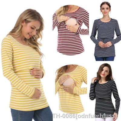 ☎❧☁ Maternidade listrada t-shirts para mulheres grávidas roupas de enfermagem manga longa pós-parto frete grátis