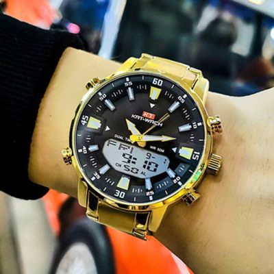 （A Decent035）TopMen Wrist50MSportsWatches MenSteel MilitaryWatch สีทอง BigClock