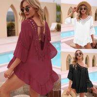 [COD] Cross-border European and womens hand hook hollow stitching ruffled three-quarter sleeve irregular beach blouse A15090