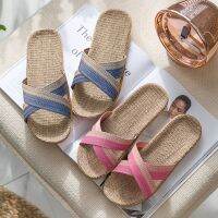 【CW】 Summer Women Home Indoor Slippers Flip Flops Flax Casual House Shoes Sandals Female Anti Skid Linen Belt Bedroom Slipper Slides