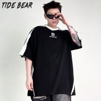 TIDE BEAR เสื้อยืดผู้ชายคอกลมหลวมสีดำและสีขาวผ้าฝ้ายระบายอากาศเสื้อแขนสั้น