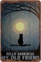 Vintage Black Cat Hello Darkness My Old Friend แผ่นโปสเตอร์โลหะ | ภาพวาดเหล็ก Wall Decor | Wall Art Tin Sign Home | Gothic Decor