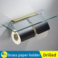 Bathroom glass roll holder wall brass double toilet paper holder with shelf phone shelves shower storage rack wc paper holder