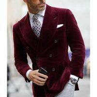 Mens Burgundy Double Breasted Velvet Blazer for Dinner Italian Style Jacket Elegant Smoking Suit Coat For Wedding Prom Party