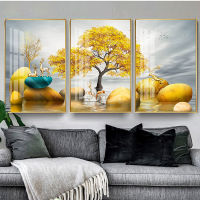 Abstract Landscape Canvas Painting Golden Tree Stone Deer Posters and Prints Wall Pictures Living Room Home Decor No Frame