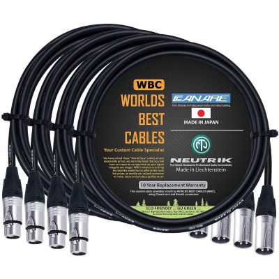 WORLDS BEST CABLES 4 Units - 5 Foot – Quad Balanced Microphone Cable Custom Made Using Canare L-4E6S Wire and Neutrik Silver NC3MXX Male &amp; NC3FXX Female XLR Plugs