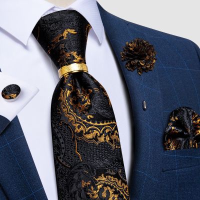 New Designer Men 39;s Ties Luxury Gold Black Paisley Silk Tie Pocket Square Brooch Business Wedding Tie Gfit For Men DiBanGu