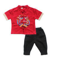 Baby Boys Chinese Traditional Clothes Summer New Print Tang Suit Cotton Coat Short Sleeve Shirt Loose Hanfu Tops Pants 3Colors