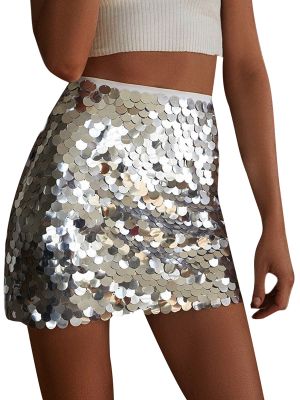 ✲♛❇ Women Glitter Mini Skirt High Waist Disco Sequin Club Skirt Stage Performance Clothes