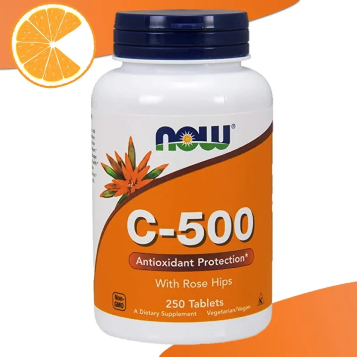 Now Vitamin C with Rose Hips Ascorbic Acid 500mg 250 Tablets placenta
