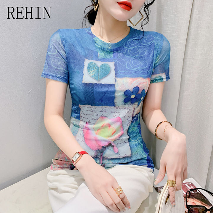 rehin-เสื้อตาข่ายฤดูร้อนแฟชั่นใหม่ของผู้หญิงเสื้อยืดแขนสั้นพิมพ์ลายการออกแบบลวดลายที่ไม่ซ้ำใครเสื้อยืดคอกลมบาง-s-3xl-เสื้อตามเทรนด์ที่สง่างาม