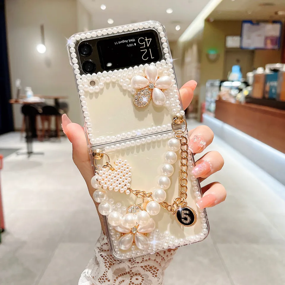 Z Flip 5 Case, Cute Floral Flower Case Compatible Samsung Galaxy Z Flip 5  With Bracelet Wristband Chain For Girl Gifts