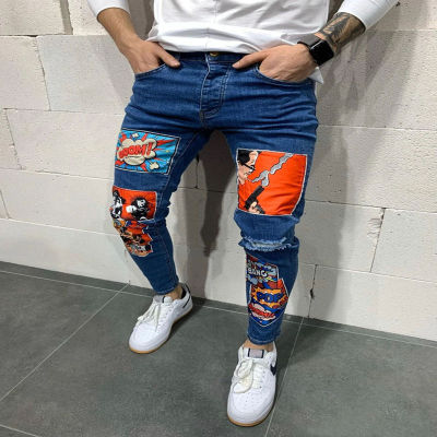 2021กางเกงยีนส์ผู้ชายขายร้อน Slim Denim กางเกง Vintage Wash Patch Hip Hop กางเกงดินสอกางเกงทำงานผอมยืดกางเกงยีนส์ S-3XL