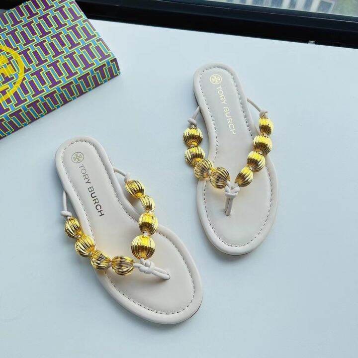 2023-new-tory-burch-capri-series-two-colors-beaded-leather-flat-flip-flops