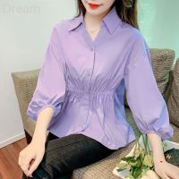 Summer new niche V-neck shirt fashionable waist-tight design slimming lantern sleeve elegant loose top for women V729