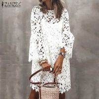 【YF】 Bohemian Lace Crochet Dress Women Summer Sundress ZANZEA 2023 Casual Flare Sleeve Floral Mini Vestidos Straps White 2PCS