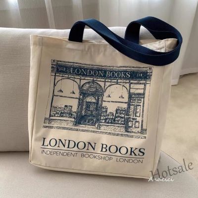 【hot sale】♤❧ C16 Women Canvas Shoulder Bag London Books Print Las Casual Handbag Tote Bag Reusable Large Capacity Cotton Shopping Beach Bag