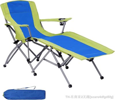 hyfvbu✹  Folding Polyester Camping Lounge with Footrest for Outdoor Adult Blue/Beige