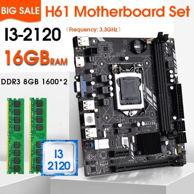H61 LGA 1155 Motherboard Set with I3-2120 Processor and DDR3 2*8GB=16GB PC RAM 1600MHZ Memory Kit
