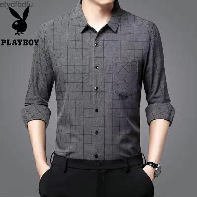 Etydfbdfu Playboy ฤดูใบไม้ผลิและฤดูร้อนเสื้อลายสก๊อตบางชายแขนยาวชายวัยกลางคนและผู้สูงอายุเสื้อผู้ชายพ่อฤดูใบไม้ร่วงเสื้อผ้า