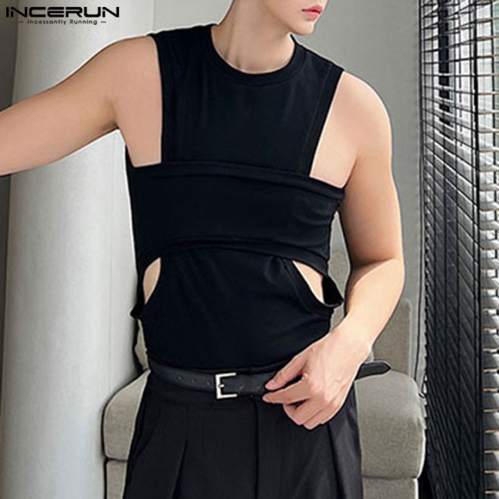 เสื้อแขนกุดสกินนี่ชุดโชว์ร่องอกสบายๆถักสำหรับผู้ชาย-เสื้อแขนกุดดีไซน์สวยแหวกแนว-สไตล์เกาหลี
