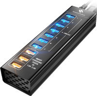 SmartDelux Powered USB Hub - 10-Port USB 3.0 Hub with 7 USB 3.0 Ports, 3 Smart Charging Ports, Power Adapter, Long Cord, LEDs - Black Aluminum 10-port USB Hub