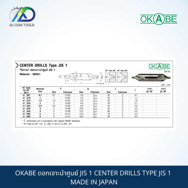 okabe-ดอกเจาะนำศูนย์-jis-1-center-drills-type-jis-1-made-in-japan