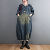 2460 Vintage Blue Denim Dress Loose Long Dress Female O neck Patchwork Pockets Jeans Dress Women Half Sleeve Retro Spring 2022